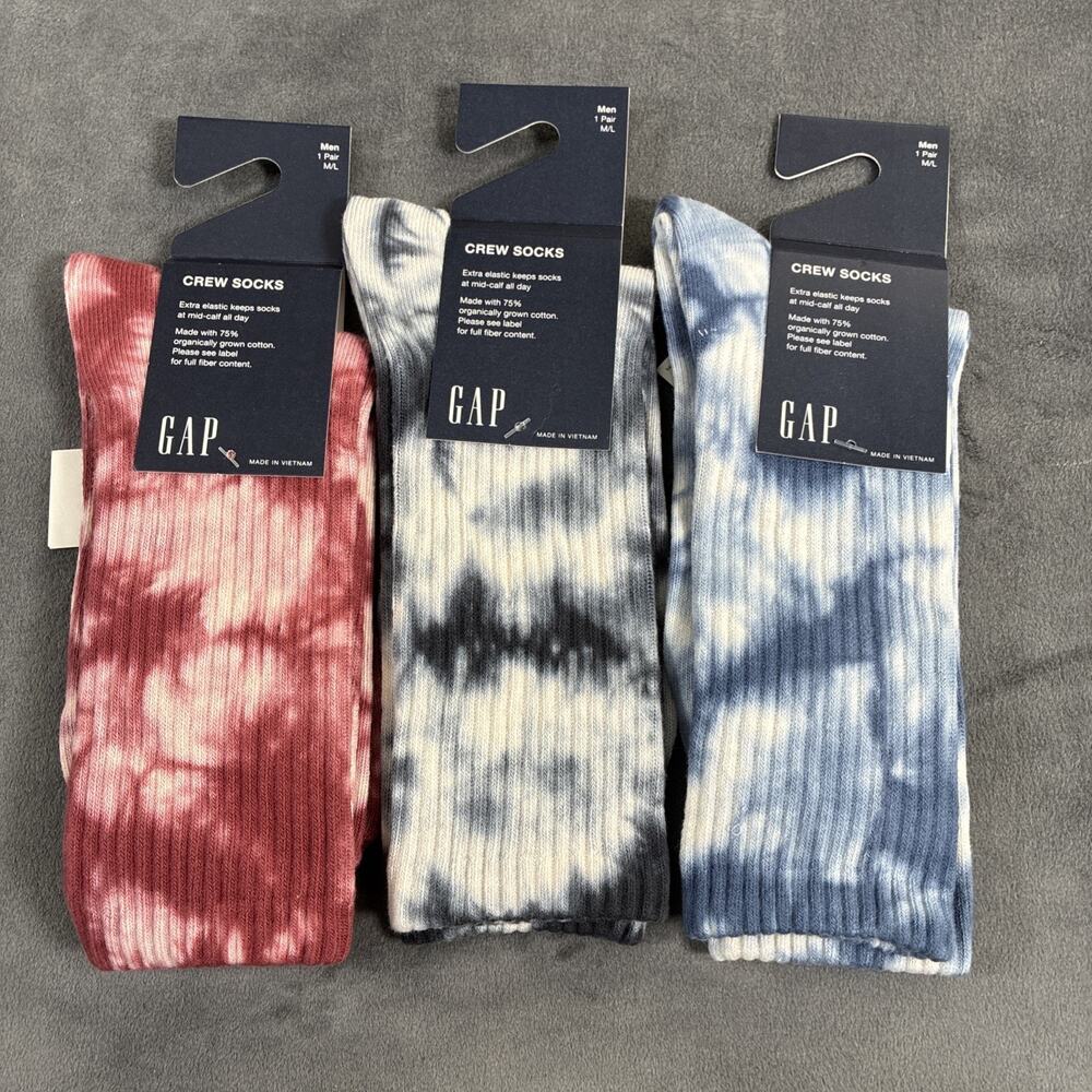 3pr NWT GAP Men's M/L 75% organic Cotton Crew Socks US size 9-13 Tye Dyed Chrty